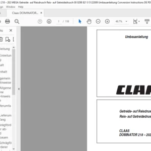 Claas DOMINATOR 218 – 202 MEGA Getreide- auf Reisdrusch Reis- auf Getreidedrusch Umbauanleitung Manual - PDF DOWNLOAD (GERMAN)