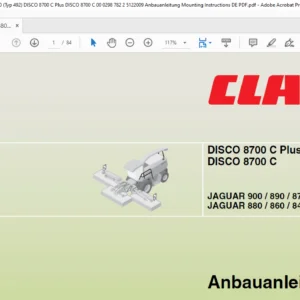 Claas JAGUAR 900 / 890 / 870 / 850 / 830 (Typ 492) JAGUAR 880 / 860 / 840 / 820 (Typ 491) DISCO 8700 C Plus DISCO 8700 C Anbauanleitung Manual