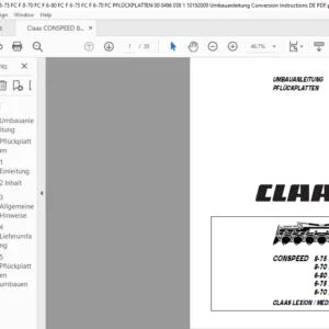 Claas LEXION / MEDION CONSPEED 8-75 FC / F 8-70 FC / F 6-80 FC / F 6-75 FC / F 6-70 FC PFLÜCKPLATTEN UMBAUANLEITUNG Manual