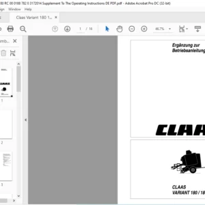 Claas Variant 180/ 180 RC Ergänzung zur Betriebsanleitung - PDF DOWNLOAD (GERMAN)