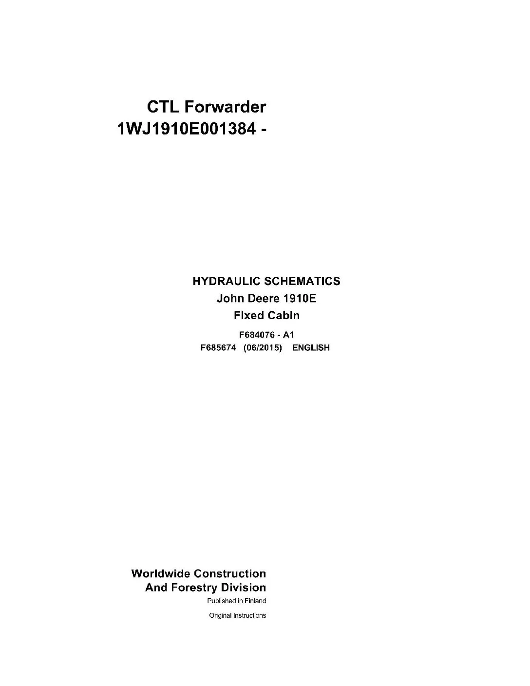 John Deere 1910E Fixed Cabin Hydraulic Schematic Manual - PDF DOWNLOAD