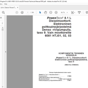 John Deere PowerTech Diesel Engine 8.1L 6081 HTJ01 02 03 ctm295 Finnish Technical Manual PDF