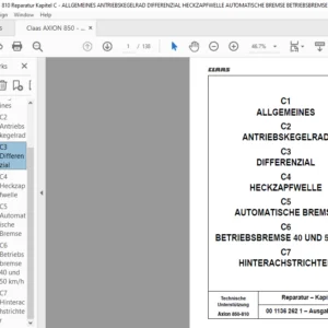 CLAAS Axion 850-810  C - ALLGEMEINES ANTRIEBSKEGELRAD DIFFERENZIAL HECKZAPFWELLE AUTOMATISCHE BREMSE BETRIEBSBREMSE 40 UND 50 KMH HINTERACHSTRICHTER Reparaturhandbuch