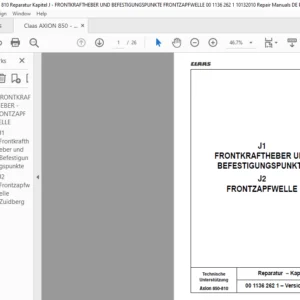 CLAAS Axion 850-810 Reparatur – Kapitel J FRONTKRAFTHEBER UND BEFESTIGUNGSPUNKTE FRONTZAPFWELLE Reparatur handbuch