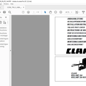 CLAAS ROLLANT 250 ROLLANT 250 ROTO CUT TAILGATE PIVOT CENTER INSTALLATION INSTRUCTIONS Manual_DE_EN_FR