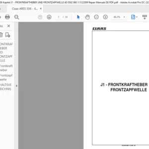 Claas ARES 506 - 606 Kapitel J1 - FRONTKRAFTHEBER UND FRONTZAPFWELLE 60 0502 990 5 5122009 Repair Manuals DE PDF
