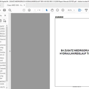 Claas ARES 506 - 606 Kapitel B4 - ZUSATZ NIEDRIGDRUCK HYDRAULIKKREISLAUF TIER II 60 0502 990 5 5122009 Repair Manuals DE PDF