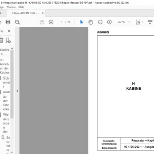 Claas AXION 850 - 810 Reparatur Kapitel H - KABINE 00 1136 262 0 752010 Repair Manuals DE PDF