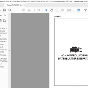 Claas ATLES 906 Kapitel A0 - KONTROLLVORGANG DATENBLÄTTER EINSPRITZUNG 60 0503 050 5 5122009 Repair Manuals DE PDF