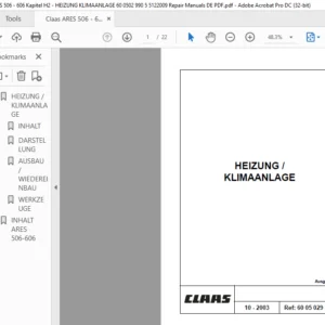 Claas ARES 506 - 606 Kapitel H2 - HEIZUNG KLIMAANLAGE 60 0502 990 5 5122009 Repair Manuals DE PDF