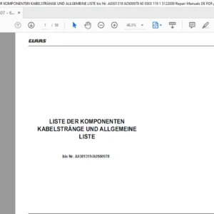 Claas ARES 507 - 607 Kapitel F1-40 - LISTE DER KOMPONENTEN KABELSTRÄNGE UND ALLGEMEINE LISTE bis Nr. A0301319 A0500978 60 0503 119 1 5122009 Repair Manuals DE PDF