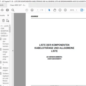 Claas ARES 507 - 607 Kapitel F1-50 - LISTE DER KOMPONENTEN KABELSTRÄNGE UND ALLGEMEINE LISTE AB SERIENNUMMERN A0301320 A0500979 60 0503 119 1 5122009 Repair Manuals DE PDF