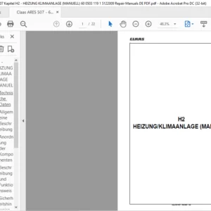 Claas ARES 507 - 607 Kapitel H2 - HEIZUNG KLIMAANLAGE (MANUELL) 60 0503 119 1 5122009 Repair Manuals DE PDF