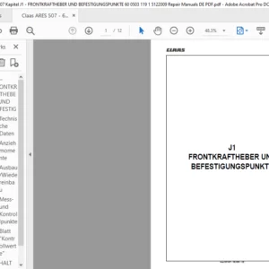Claas ARES 507 - 607 Kapitel J1 - FRONTKRAFTHEBER UND BEFESTIGUNGSPUNKTE 60 0503 119 1 5122009 Repair Manuals DE PDF
