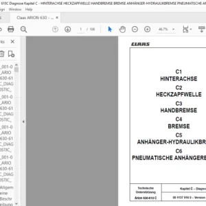 Claas ARION 630 - 610C Diagnose Kapitel C - HINTERACHSE HECKZAPFWELLE HANDBREMSE BREMSE ANHÄNGER-HYDRAULIKBREMSE PNEUMATISCHE ANHÄNGERBREMSE 00 1137 916 0 5122009 Repair Manuals DE PDF