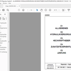 Claas AXION 850 - 810 Reparatur Kapitel E -Claas AXION 850 - 810 Reparatur Kapitel E - Allgemeines Hydraulikversorgung Heckkratheber Zusatzsteuerventile Lenkung Reparatur handbuch