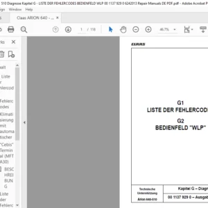 Claas Arion 640-510 Diagnose Kapitel G –LISTE DER FEHLERCODES BEDIENFELD WLP Reparatur handbuch- PDF DOWNLOAD (German)
