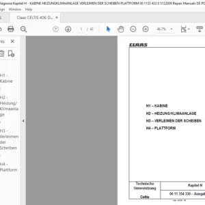 Claas CELTIS 406 Diagnose Kapitel H - KABINE HEIZUNGKLIMAANLAGE VERLEIMEN DER SCHEIBEN PLATTFORM 00 1135 433 0 5122009 Repair Manuals DE PDF