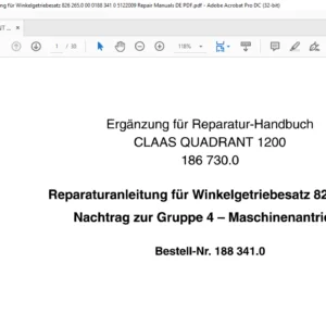 Claas QUADRANT 1200 1200 RC Reparaturanleitung für Winkelgetriebesatz 826 265.0 00 0188 341 0 5122009 Repair Manuals DE PDF