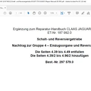 Claas Reparatur-Handbuch JAGUAR 880-820 Typ 491 (0187 992.0) Schalt- und Reversiergetriebe 00 0297 579 0 6242013 Repair Manuals DE PDF