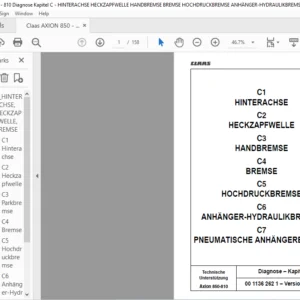 Class Axion 850-810 HINTERACHSE HECKZAPFWELLE HANDBREMSE BREMSE HOCHDRUCKBREMSE ANHÄNGER-HYDRAULIKBREMSE PNEUMATISCHE ANHÄNGERBREMSE Reparatur handbuch
