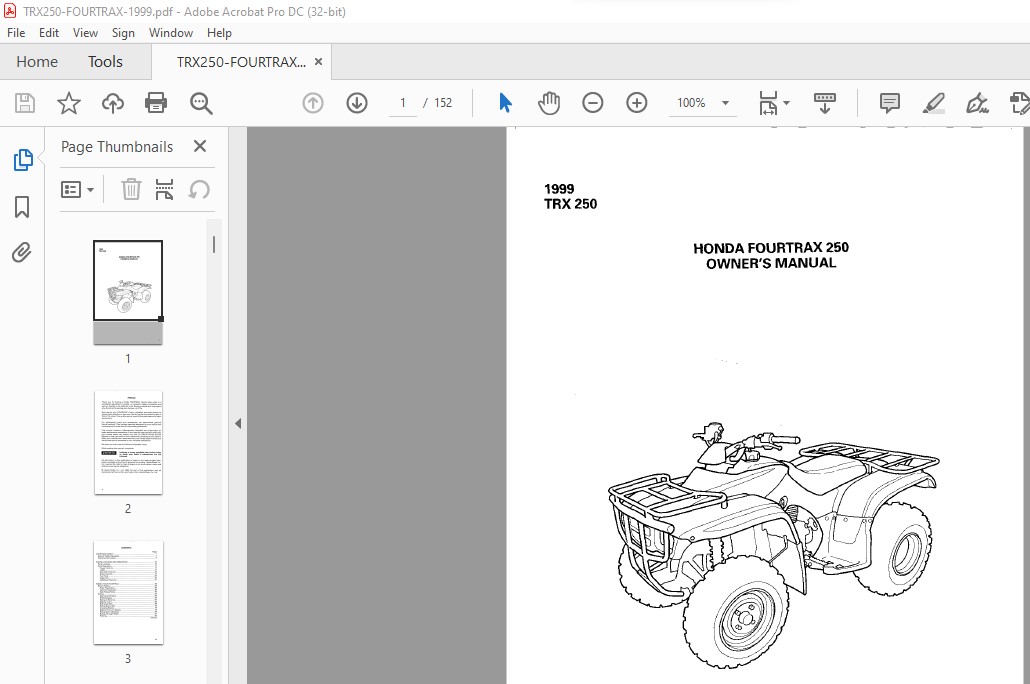 1999 Honda TRX250 HONDA FOURTRAX 250 OWNER'S MANUAL- PDF DOWNLOAD ...