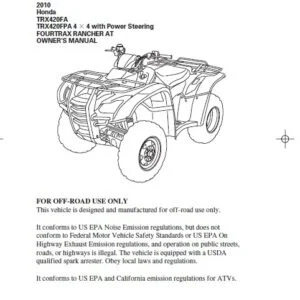 2010 Honda TRX420FA TRX420FPA 4X4 with Power Steering FOURTRAX RANCHER AT OWNER’S MANUAL