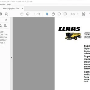 CLAAS LEXION 780 - 670 LEXION 770 - 670 CAT LEXION 590 R - 560 CAT LEXION 485 R - 450 Right operator's platform maintenance station Supplement to Operator's Manual_DE_EN_FR