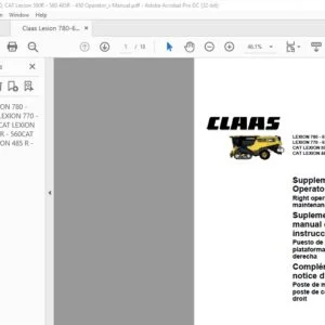 Claas LEXION 780 - 670 LEXION 770 - 670 CAT LEXION 590 R - 560 CAT LEXION 485 R - 450 Right operator's platform maintenance Supplement to Operator's Manual_DE_EN_FR
