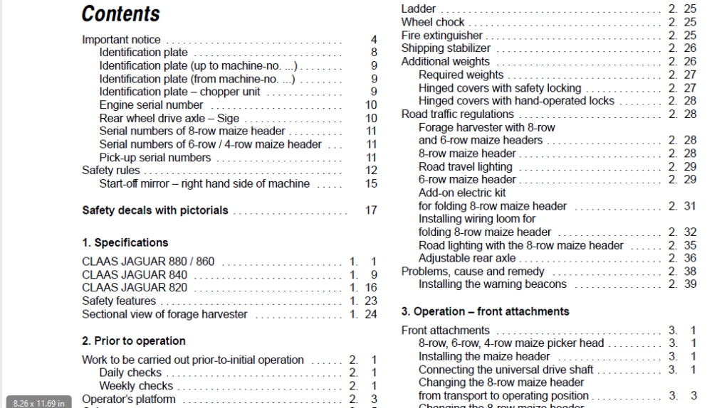 Claas Jaguar 880 Jaguar 860 Jaguar 840 Jaguar 820 Operator's Manual ...