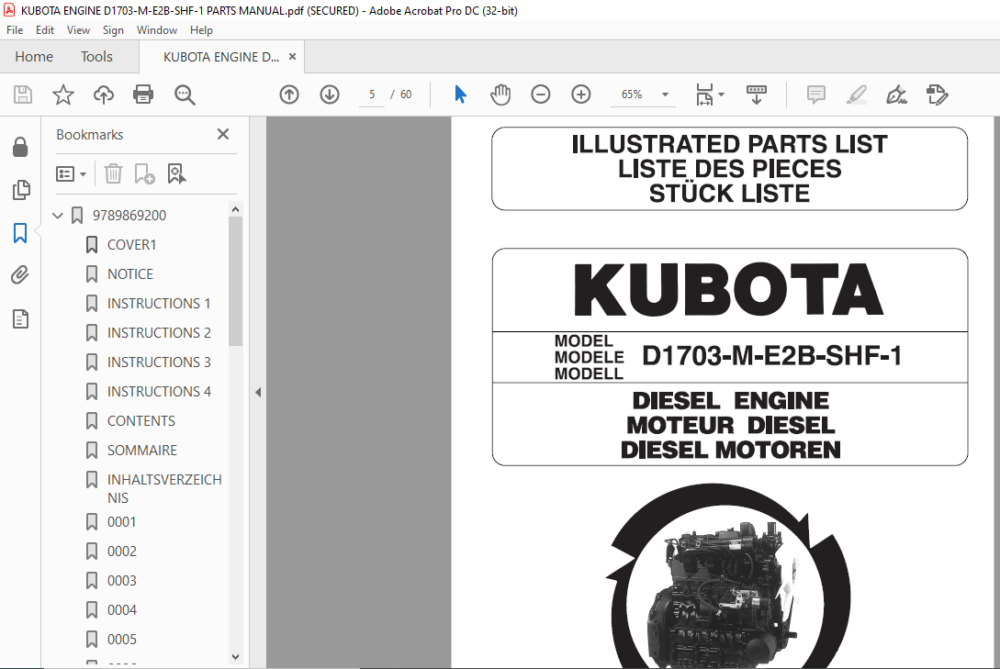 Kubota D1703-M-E2B-SHF-1 Diesel Engine Parts List Manual - PDF DOWNLOAD ...