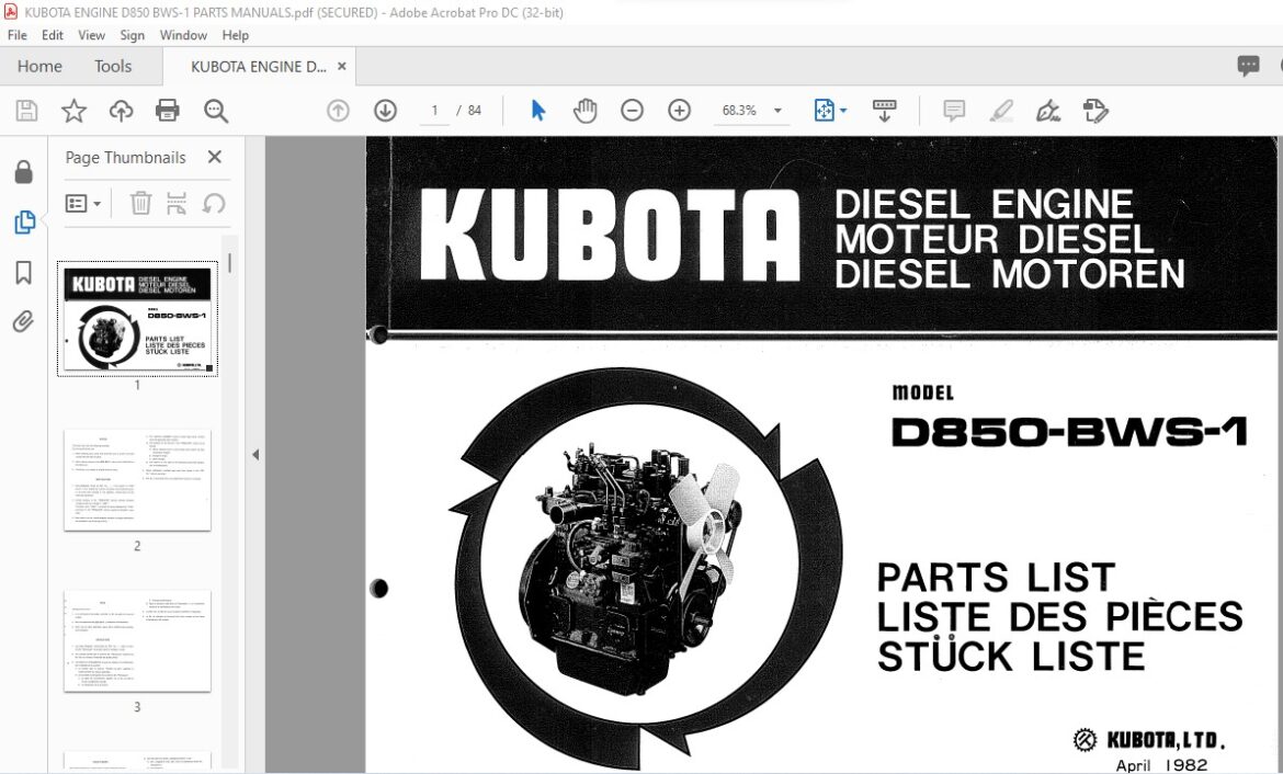 Kubota D850-BWS-1 Diesel Engine Parts List Manual - PDF DOWNLOAD ...