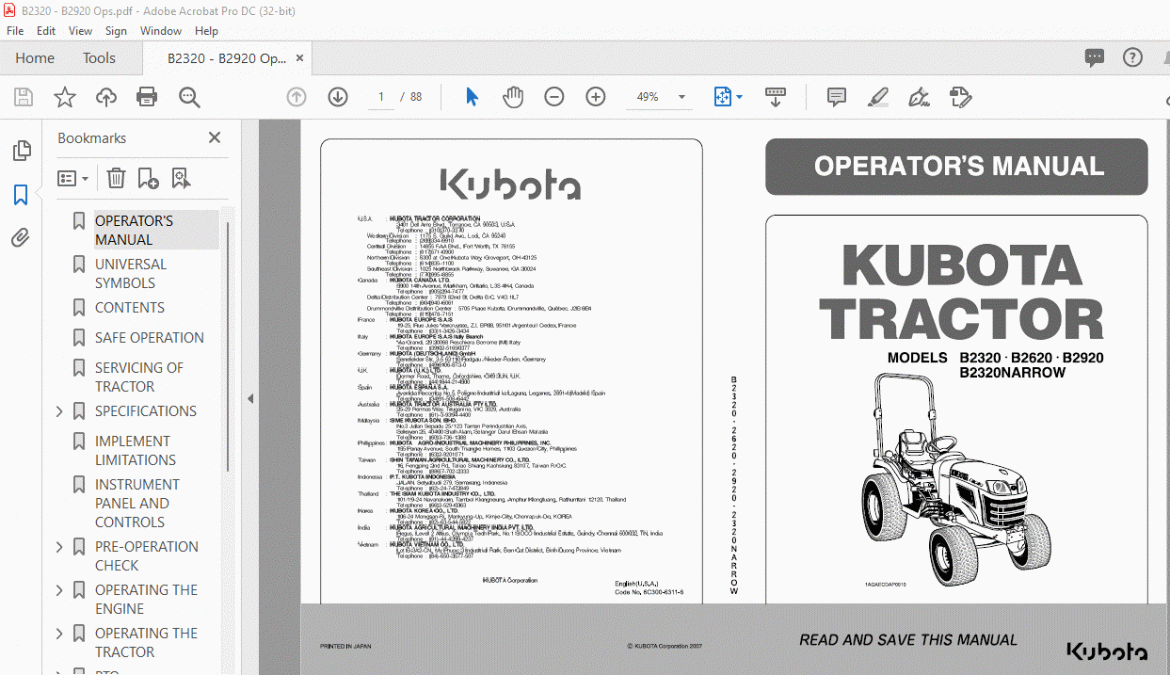 Kubota B2620 Operator Manual