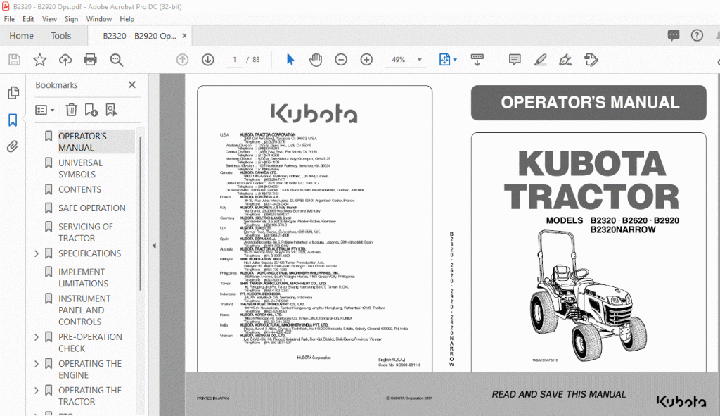 Kubota B2320·b2620·b2920 B2320 Narrow Tractor Operators Manual Pdf