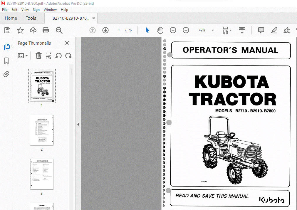 Kubota B2710 B2910 B7800 Tractor Operator's Manual - PDF DOWNLOAD ...