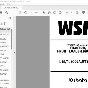 Kubota L45 TL1000A BT1000A Tractor Front Loader Backhoe Workshop Manual - PDF DOWNLOAD