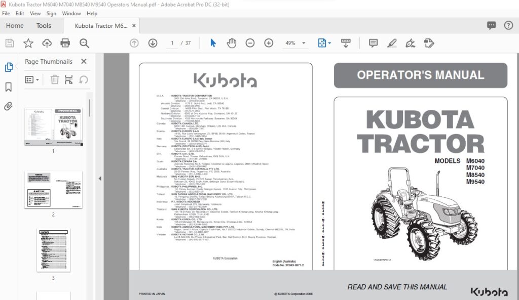 Kubota M6040 M7040 M8540 M9540 Operators Manual Pdf Download Heydownloads Manual Downloads 6507