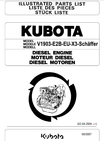 Kubota V1903-E2B-EU-X3 Schaffer Diesel Engine Illustrated Parts List ...