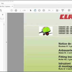CLAAS Baler VARIANT 180 - 180 RC 260 - 260 RC 280 - 280 RC360 - 365 - 365 RC 380 - 385 - 385 RC Roller No. 3 greasable Fitting Instructions Manual_DE_EN_FR_ES_IT_RU