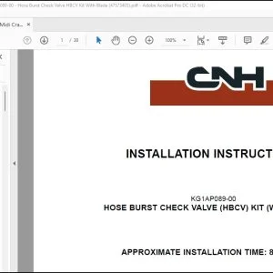CNH CX75C SR Midi Crawler Excavator Hose Burst Check Valve HBCV Kit With Blade Installation Instructions Manual