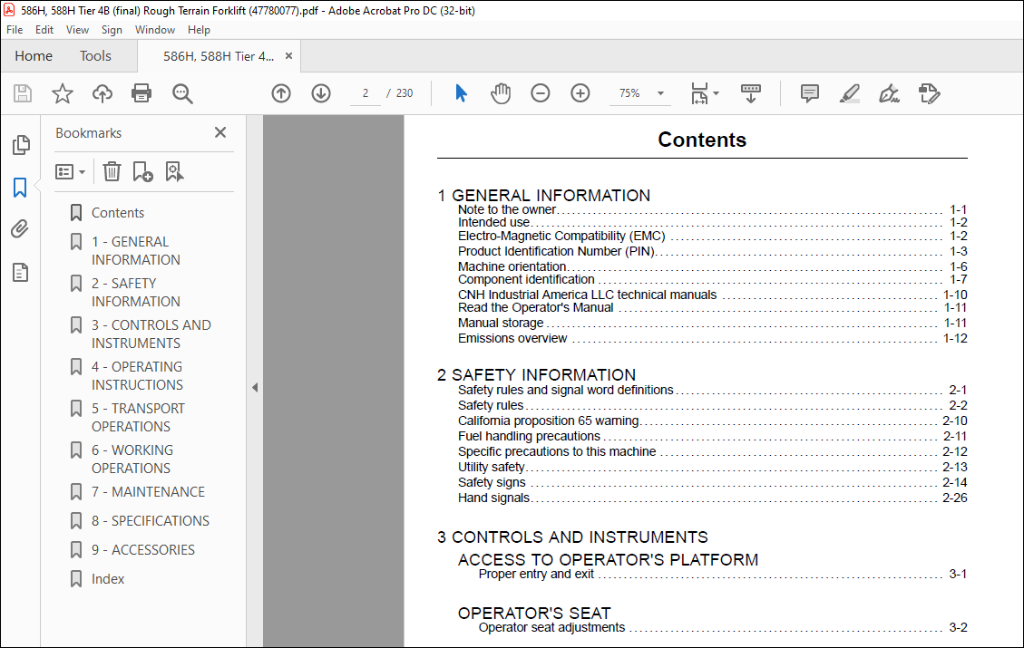 Case 586H 588H Tier 4B (final) Rough Terrain Forklift Operator's Manual ...