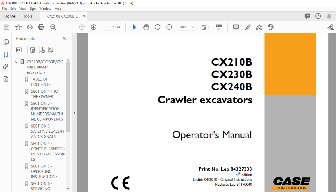 Case CX210B CX230B CX240B Crawler Excavator Operator's Manual 84327333 ...