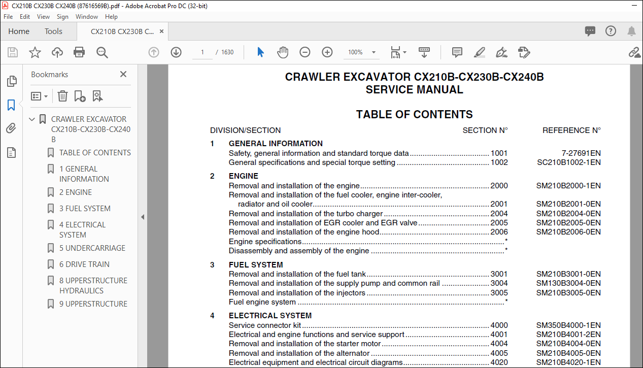 Case CX210B-CX230B-CX240B Crawler Excavator Service Manual SM210BTOC ...