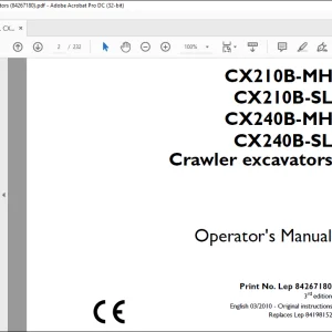 Case CX210B-MH CX210B-SL CX240B-MH CX240B-SL Crawler Excavators Operator's Manual 84267180 - PDF DOWNLOAD