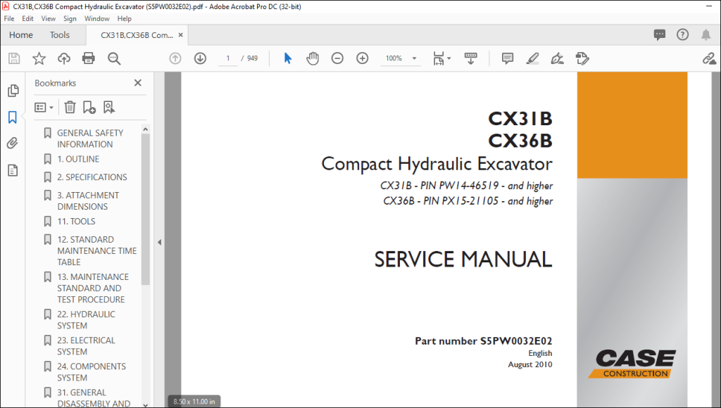 Case CX31B CX36B Compact Hydraulic Excavator Service Manual S5PW0032E02 ...