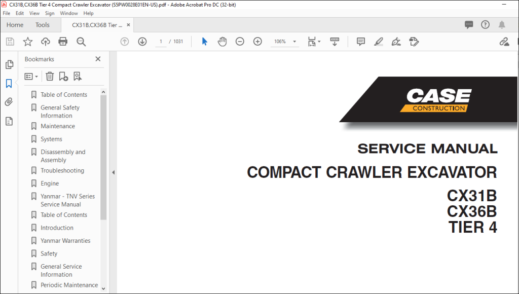 Case CX31B CX36B TIER 4 Compact Crawler Excavator Service Manual ...