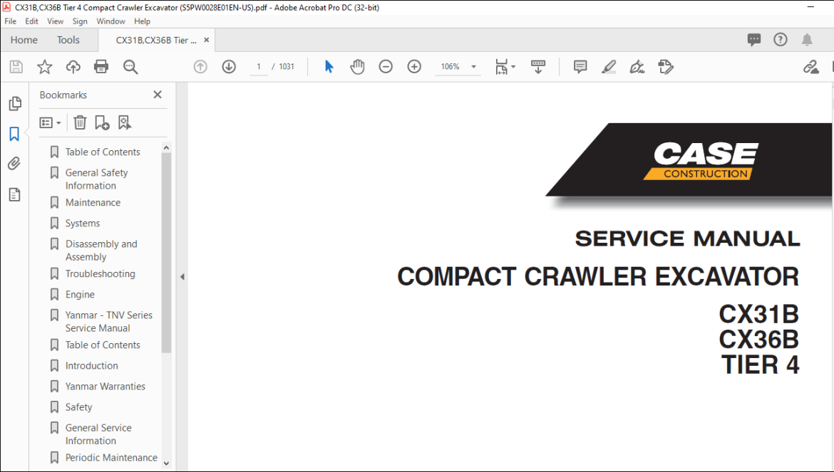 Case CX31B CX36B TIER 4 Compact Crawler Excavator Service Manual ...