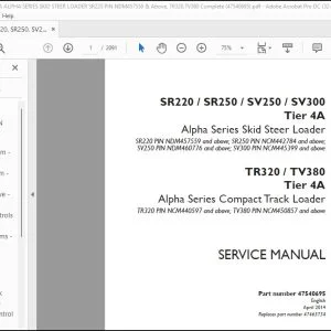 Case SR220 SR250 SV250 SV300 Tier 4A Skid Steer Loader TR320 TV380 Tier 4A Compact Track Loader Service Manual