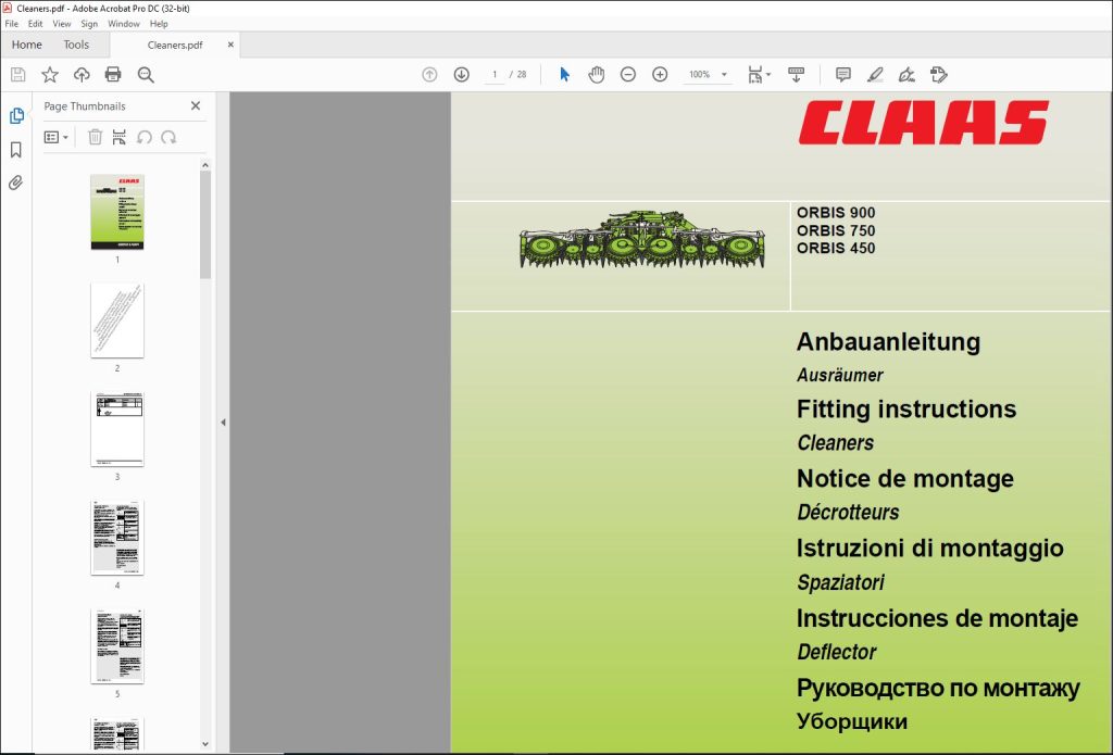 Claas Forage Harvesters Orbis Cleaners Fitting Instructions Manual De En Fr It Es