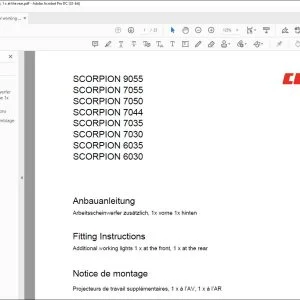 CLAAS Telehandler SCORPION 9055 7055 7050 7044 7035 7030 6035 6030 Additional working lights 1 x at the front, 1 x at the rear Fitting Instructions Manual_DE_EN_FR_IT_ES_RU